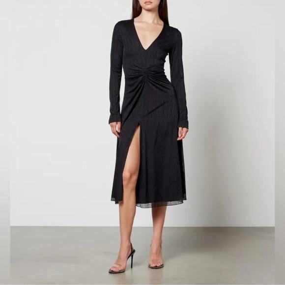 Rotate Birger Christensen Stretch Lace Deep V-Neck Long Sleeve Midi Dress - Picture 1 of 15